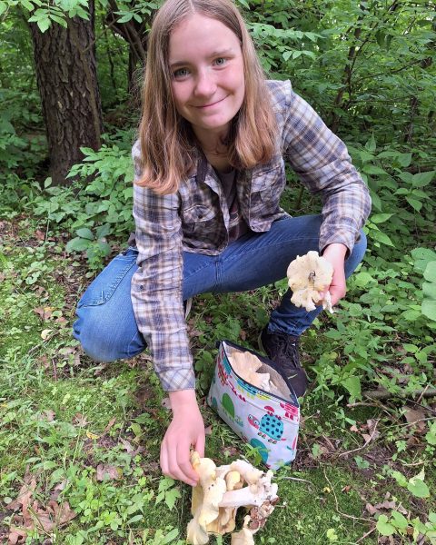 Young woman wearing plaid button down squatting to collect mushrooms in the woods